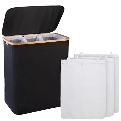 infactory Wäschesammler: Wäschekorb mit Deckel, 3 Fächer, 150 l, herausnehmbarer Wäschesack (Aufbewahrungs-Boxen, Aufbewahrung Box mit Deckel Bambus, Decke)