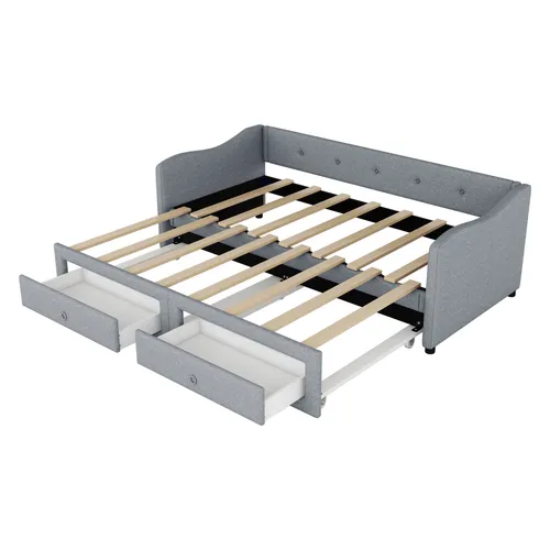 Schlafsofa mit Bettfunktion und Schubladen, 90x200 cm/180x200 cm, Polsterbett, Bezug aus Leinen