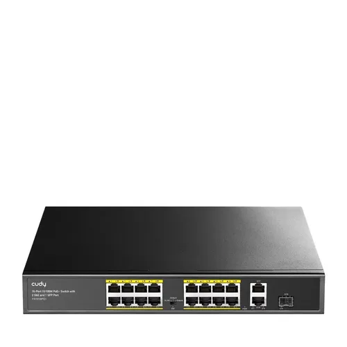 CUDY FS1018PS1 16-Port PoE+ Switch - Netzwerk-Switch mit 16 Ports, 200W PoE Leistung und 2 Gigabit Uplinks, ideal für zuverlässige Netzwerkinfrastrukturen in Unternehmen.