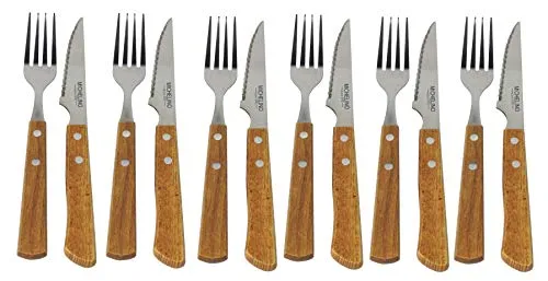 Michelino Steakbesteckset Grillbesteck 12-teilig – Steakgabel & Steakmesser - Edelstahl mit Holzgriff und polierter Klinge - im Geschenkkarton – Spülmaschinengeeignet