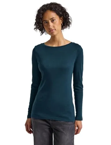 Street One Basic Langarmshirt Tide Blue 46 - Damen-Bluse mit U-Boot-Ausschnitt, aus softem Baumwoll-Modalmix, ideal für vielseitige Outfits. Maße bei EU-Größe 38: vordere Länge 64 cm.