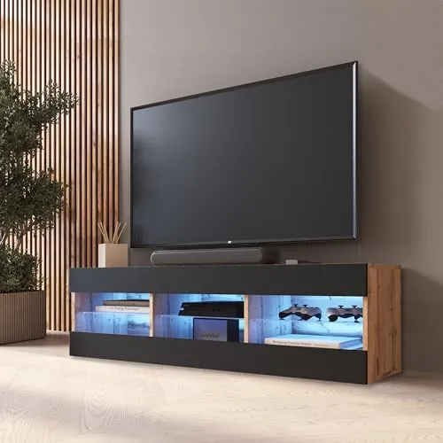 Komodee TV Schrank Tivoli, Schwarz/Wotan - TV-Halterungen mit LED-Beleuchtung, ideal für Wohnzimmer oder Schlafzimmer, bietet viel Stauraum für RTV-Geräte und persönliche Sammlungen.