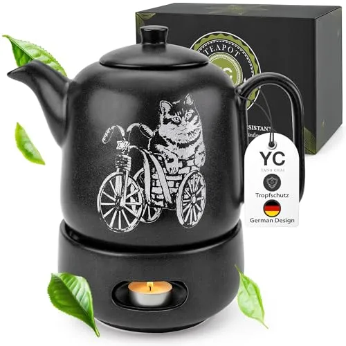 YC Yang Chai Teekanne mit Stövchen - Keramik Schwarz Matt 1.3L - Schwarze Teekanne mit Siebeinsatz, tropffrei & hitzebeständig – ideal für langanhaltende Wärme und aromatischen Tee, perfekt für entspannte Teemomente.