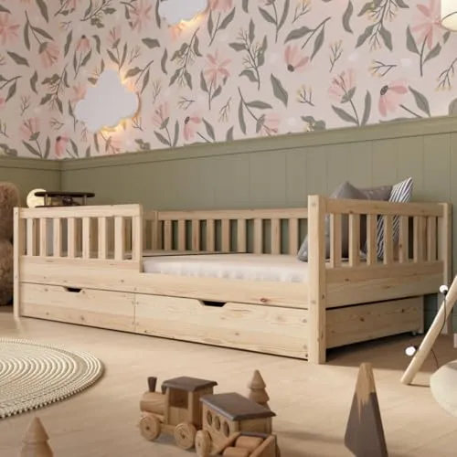 Produktbild Crazy Pine Kinderbett mit Schublade 140x200cm – Sicheres Montessori Bodenbett aus Holz