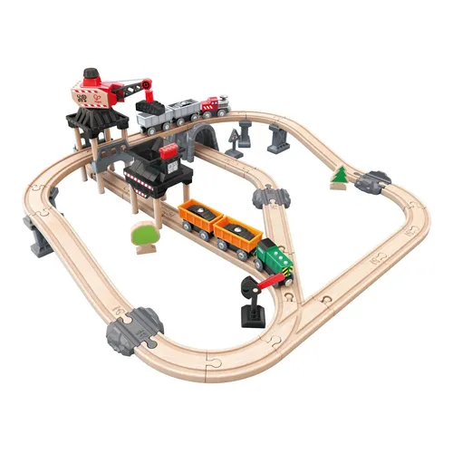 Hape Eisenbahnwelt Bergbau-Set - 64-teiliges Holzspielzeug, kreativer Spielspaß für Kinder ab 3 Jahren mit Kran und Kohletransport
