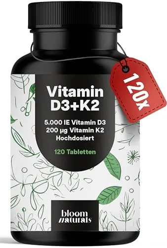 Vitamin D3 K2 hochdosiert – 120 Tabletten mit 5000 IE D3 & 200 µg K2