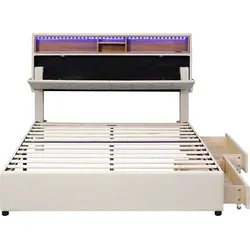 Doppelbett Polsterbett Beige 140 x 200 cm mit USB und Beleuchtung
