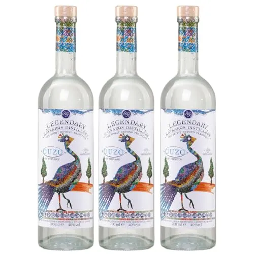 Ouzo Legendardy Katsaros 3 x 0,7l | Älteste Ouzo Destillerie der Welt | 40% Vol. | 100% Destillat | Hochwertige Inhaltsstoffe | + 20ml Jassas Olivenöl