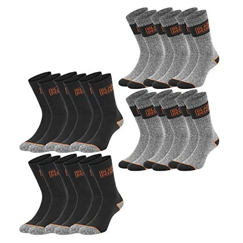 BLACK+DECKER Unisex Herren Damen Arbeitssocken Essential Work Crew Socken 12er Pack Schwarz Grau Melange Baumwolle, Größe:47-49, Farbe:6 Paar Black & 6 Paar Grey