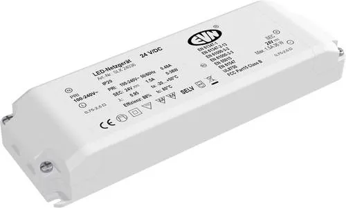 EVN Lichttechnik LED-Netzgerät 24VDC 1-36 Watt SLK 240 36 - Zubehör für Innenleuchten, kurzschlussfester Sicherheitstransformator für Möbelbau, einfach zu installieren mit Schraubklemmen für verschiedene Kabelgrößen.
