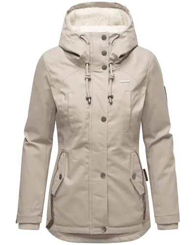 MARIKOO Damen Winterjacke mit Kapuze - Bikoo Light Taupe Gr. M - Funktionsjacke mit kuscheligem Teddyfleece-Futter, ideal für kalte Tage. Stylischer Parka mit tailliertem Schnitt und wasserabweisendem Material - perfekt für Herbst und Winter!