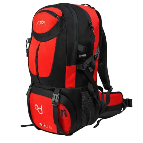 OcioDual Wanderrucksack, 50 Liter, Wasserdicht Und Leicht, Rot, Mehrere Taschen, Ideal für Reisen, Berg, Camping, Outdoor, Ultraleicht, für Damen Und Herren