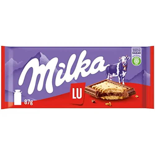 Milka LU – Alpenmilch-Schokolade mit knusprigen LU-Keksen – 87g - Schokoladenriegel mit zarter Milka Alpenmilch-Schokolade und knackigen LU-Keksen für ein cremig-knuspriges Geschmackserlebnis. Ideal für kleine Pausen oder als Snack zwischendurch.