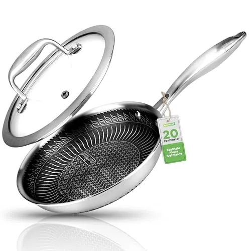 NutriChef Pfanne Induktion, Edelstahlpfanne Unbeschichtet – Stainless Steel Pan – Bratpfanne Induktion 20,3cm Antihaftbeschichtet & Kratzfest, Edelstahl Pfanne mit Deckel aus Glas als Pfannenset