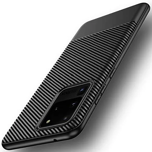 AVANA Hülle für Samsung Galaxy S20 Ultra Schutzhülle Flexibles Slim Case Schwarz Silikon TPU Bumper Kratzfest Kohlefaser Cover Carbon Optik