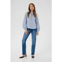 Kaffe Bluse in Hellblau - 40 - Elegante Bluse aus reiner Baumwolle mit Stehkragen und V-Ausschnitt. Der gerade Schnitt und die gestreifte Optik sorgen für einen stilvollen Look – perfekt für jeden Anlass.