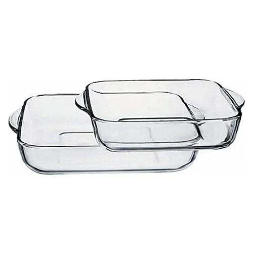 Pasabahce Borcam Ofenschalen Set eckig 28x28/22x22 cm - 2-teiliges Set aus hitzebeständigem Borosilikatglas, ideal für Aufläufe und Kuchen. Ofen-, mikrowellen- und spülmaschinengeeignet, platzsparend stapelbar – perfekt für jede Küche!