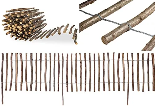 Staketenzaun aus Haselnuss mit Rinde - 35 cm hoch, 500 cm lang - Dekorative Zäune, ideal zur Abgrenzung von Beeten und robust, witterungsbeständig mit einer Lebensdauer von bis zu 20 Jahren.