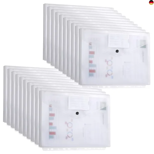 DATEFUN A4 Kunststoff-Ordnerbeutel, 20 Stück, 3D-Design, transparent, wasserdicht, hält 300 Blatt, für Büro und Schule (weiß)