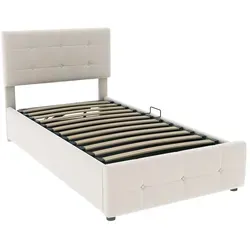 OKWISH Polsterbett mit Stauraum 90x200, Samtstoff, höhenverstellbares Kopfteil, hydraulisches Fach, stabile Holz-Metall-Konstruktion, einfache Montage Beige