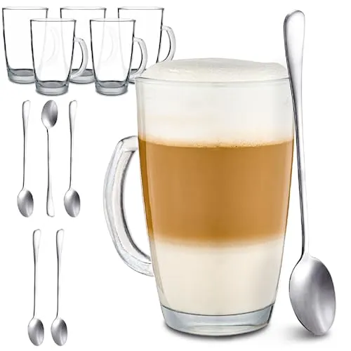 Cosumy 6 Latte Macchiato Gläser mit Henkel und Löffel - 300ml, hält Getränke lange warm und ideal für Kaffeevollautomaten, spülmaschinenfest