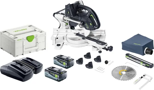 Festool KAPEX KSC 60 EB-Basic Akku Kapp Zugsäge 18 V/36 V - Präzise Kapp-Zugsäge für vielseitige Schnittwinkel, inklusive 2 Akkus und Ladegerät. Ideal für professionelle Anwendungen und Heimwerker, mit LED-Technologie für optimale Sicht.