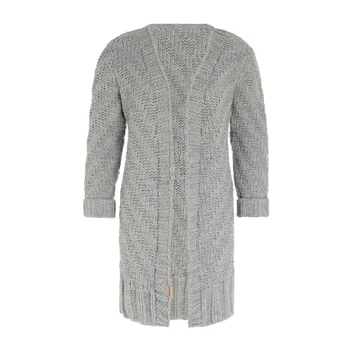 KNIT FACTORY - Sally Strickjacke - Mittellange Damen Strickjacke aus Wolle - Grobstrickjacke in Iced Clay - Größe 40/42 - Diese mittellange Strickjacke für Damen überzeugt mit kuscheligem Tragekomfort und hochwertiger Verarbeitung. Ideal für Herbst und Winter, lässt sie sich vielseitig kombinieren und bleibt pflegeleicht bei 30 Grad Waschtemperatur.