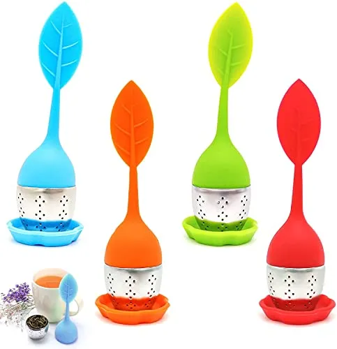 Stück Tee-Ei aus rostfreiem Edelstahl und Silikon - Teesieb mit Deckel und Untersetzer - Teekugel - feiner Teefilter für Teeliebhaber (Farbe zufällig) 4