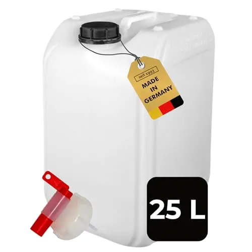 ABACUS® 25 Liter Wasserkanister Natur | Chemiekanister | Auslaufhahn und Deckel (DIN 61) | Lebensmittelecht | Indoor und Outdoor | BPA Frei | Säurefest | Mit Skala zum Ablesen des Füllstands