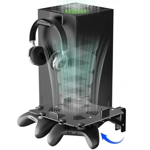 Bricok Wandhalterung für Xbox Series X mit Kühlung, faltbare Aluminium-Halterung mit Controller-Aufbewahrung, sichere Basis und einfache Installation (schwarz)