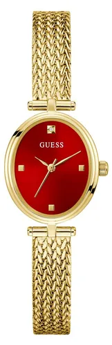 Guess Quarzuhr GW0935L4 - Elegante Armbanduhr mit Steinchen - Stilvolle Quarzuhr mit goldfarbenem Edelstahlgehäuse und rotem Zifferblatt. Wasserdicht bis 30 m, ideal für den täglichen Gebrauch und besondere Anlässe.