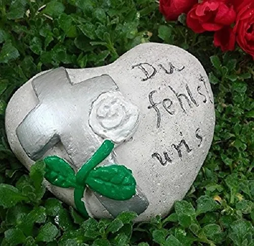 Radami Grabherz Herz Spruch - Du fehlst Uns - Grabschmuck Dekoherz Steinguss Kreuz Silber