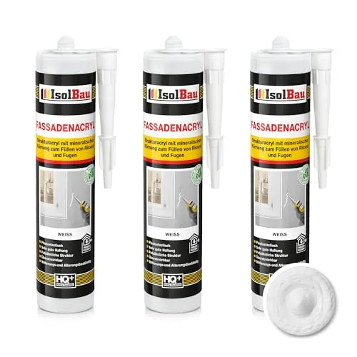 Isolbau Fassaden-Acryl - Acryl-Dichtstoff mit Körnung zum Füllen von Rissen & Fugen im Innen- & Außenbereich - Weiß, 3 x 300 ml Kartusche
