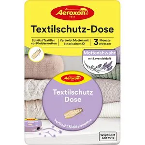 Aeroxon Mottenschutz Textilschutz-Dose mit Lavendel-Duft - Schädlingsbekämpfung mit ätherischen Ölen für bis zu 3 Monate effektiven Schutz gegen Kleidermotten, ideal für Schränke und Schubladen.