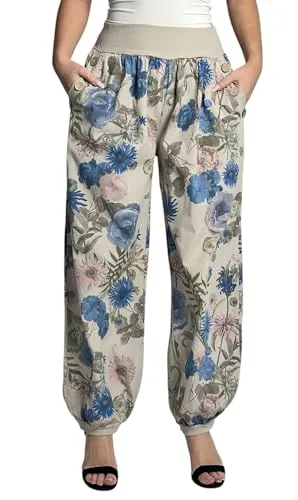 Mississhop 277 Damen leichte Blumenprint Hose Sommerhose Haremshose Ballonhose Blumen Pumphose Aladinhose Sommer Baggy Pants Beige