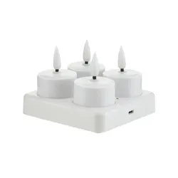 LED Teelichter Weiß mit Ladeplatte – 4er Set, Warmweißes Licht