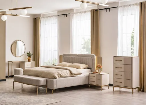 Komplettes Schlafzimmer-Set mit Bett, Kommode, Spiegel & Frisiertisch - Vielseitiges Schlafzimmer-Set für Erwachsene mit LED-Beleuchtung. Modernes Design in Beige, inklusive Bett mit 160 x 200 cm Liegefläche. Hochwertige Materialien und einfache Montage.