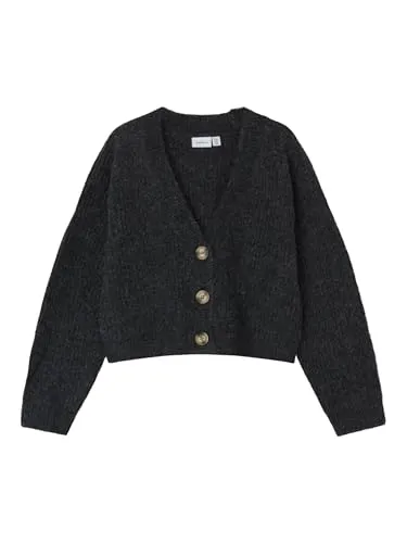 NAME IT Mädchen NKFHOLLY Boxy Short Knit Card NOOS Strickjacke - Stylische Strickjacke für Mädchen in Dark Grey Melange, perfekt für den Alltag und gemütliche Anlässe.