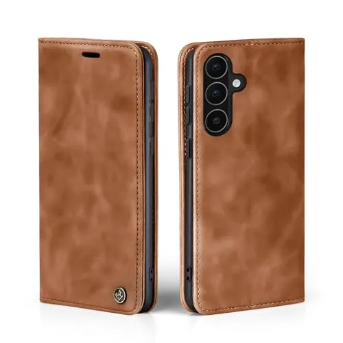 LBH Handyhülle für Samsung Galaxy A56 5G in Hellbraun mit Karten- und Geldfach Smartphone Hülle mit Standfunktion Flip Case Schutzhülle Magnetverschluss Vintage