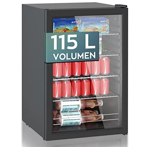 Heinrich´s Getränkekühlschrank 115L, 5-18°C - Mini-Kühlschrank mit Glastür für Büro und Camping, nahezu lautlos mit nur 41dB und energieeffizient mit 66 kWh/Jahr – der perfekte Getränkekühler für jeden Anlass!