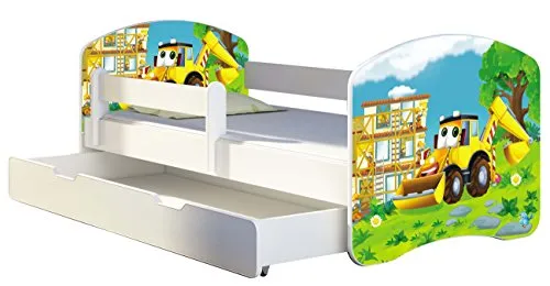 Kinderbett Jugendbett ACMA II mit Schublade und Matratze - Weiß (140x70 cm) - Betten für Kinder mit sicherem Design und abgerundeten Kanten. Inklusive hochwertiger Matratze und personalisierbarem Namen. Ideal für einen komfortablen Schlaf.