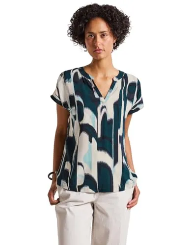STREET ONE Gemustertes Blusenshirt - Damenbluse mit Split Neck und Dropped Shoulders, aus weicher Viskose mit grafischem Muster - perfekt für einen lässigen Look.