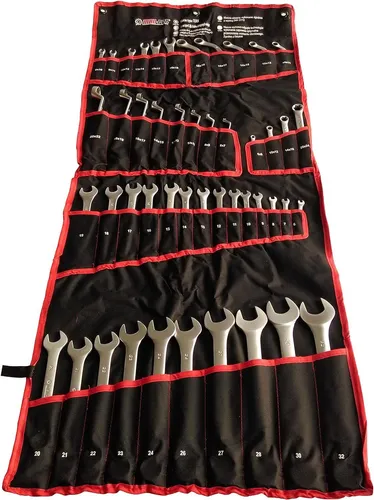 47tlg. Gabelschlüssel Ringschlüssel Doppel-Gabelschlüssel TORX Set (KLO-M58140) - Hochfester 47-teiliger Schlüsselsatz aus Chrom-Vanadium-Stahl für professionellen Einsatz. Mit spezieller Zahnprofilierung für maximales Anzugsdrehmoment und platzsparendem Roll-Etui für einfache Aufbewahrung.