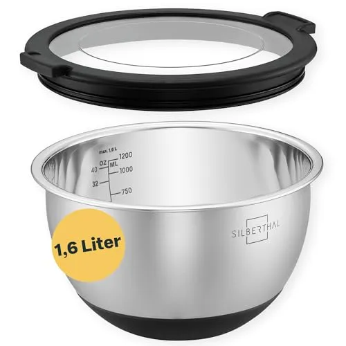 SILBERTHAL Edelstahl Schüssel mit Deckel - 1,6l Rührschüsseln zum Servieren, Kochen, Backen, Aufbewahren - Rutschfester Boden