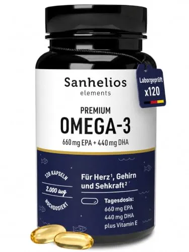 Sanhelios Omega 3 | Für einen erhöhten Omega-3-Bedarf | 120 Kapseln | 1100 mg Omega-3-Fettsäuren mit 660mg EPA & 440mg DHA pro Tag | Laborgeprüft | deutsche Apothekenqualität