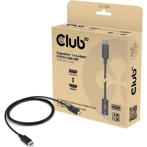 Club3D Kabel DisplayPort 1.4 > HDMI HDR 4K60Hz aktiv 2m - Kabel & Adapter, unterstützt 4K HDR bei 60Hz für gestochen scharfe Bilder und lebendige Farben.