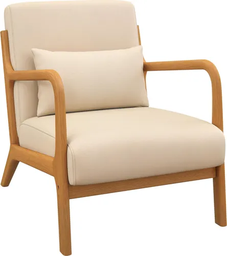 HOMCOM Wohnzimmersessel mit Massivholzgestell Loungesessel – tiefe Sitzfläche – Armlehnen – beige Samtoptik