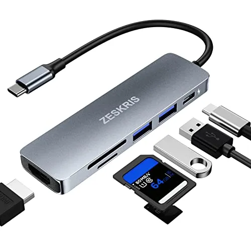 USB C Hub, ZESKRIS MacBook USB C Adapter, 6-in-1 USB C Hub Multiport Adapter mit 2 USB 3.0 SD/Micro SD Kartenleser, 4K HDMI 100 W PD, für MacBook Air/Pro und andere Typ-C-Geräte