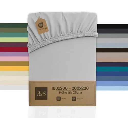 Bettwaesche-mit-Stil Spannbettlaken Jersey Spannlaken Spannbetttuch (180x200-200x220 cm, Matratzenhöhe bis 25cm, Grau) Gewicht: 180g/m², 90% Baumwolle 10% Elasthan