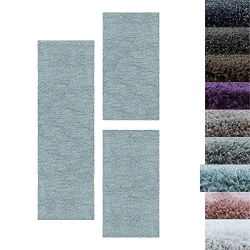 SIMPEX Bettumrandung 3-teilig Shaggy Hochflor Teppich Blau - Läufer-Set mit extra weichem, flauschigem Material für ein gemütliches Schlafzimmer, bestehend aus 2 Läufern (60x110 cm) und 1 Bettvorleger (80x150 cm).